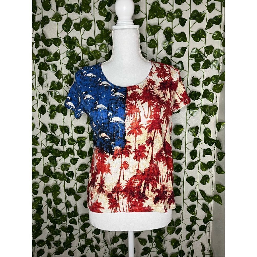 Onque Casual Blue & Red Summer Vibes Short Sleeve Tee Top Size PM